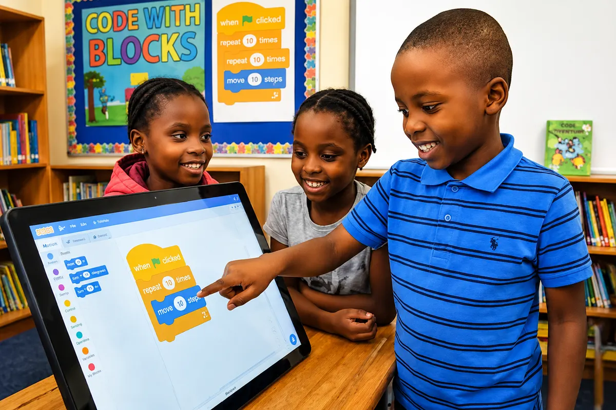 Children gathered around a large touchscreen, building a program with colourful code blocks